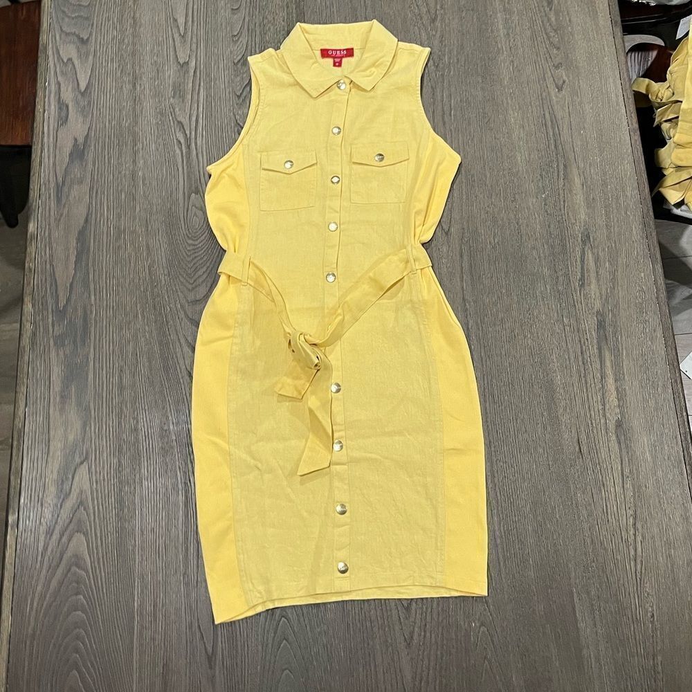 NWOT Guess Los Angeles Linen Blend Yellow Collared Utility Tie Waist Dress Sz M